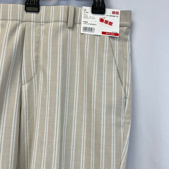 Uniqlo Womens Straight Leg Casual Pants Beige Off White Stripe Pockets 31 New - Picture 4 of 12